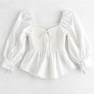 En Saison White Smocked Puff Sleeve Peplum Blouse Size S